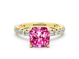 Yellow gold Cushion Cut Pink Sapphire Pavé Solitaire Ring with Round Band and Prong Setting_12
