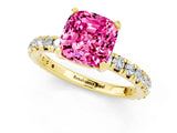 Yellow gold Cushion Cut Pink Sapphire Pavé Solitaire Ring with Round Band and Prong Setting_13