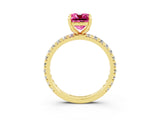 Yellow gold Cushion Cut Pink Sapphire Pavé Solitaire Ring with Round Band and Prong Setting_15