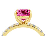 Yellow gold Cushion Cut Pink Sapphire Pavé Solitaire Ring with Round Band and Prong Setting_16