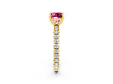 Yellow gold Cushion Cut Pink Sapphire Pavé Solitaire Ring with Round Band and Prong Setting_26