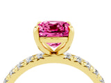 Yellow gold Cushion Cut Pink Sapphire Pavé Solitaire Ring with Round Band and Prong Setting_28