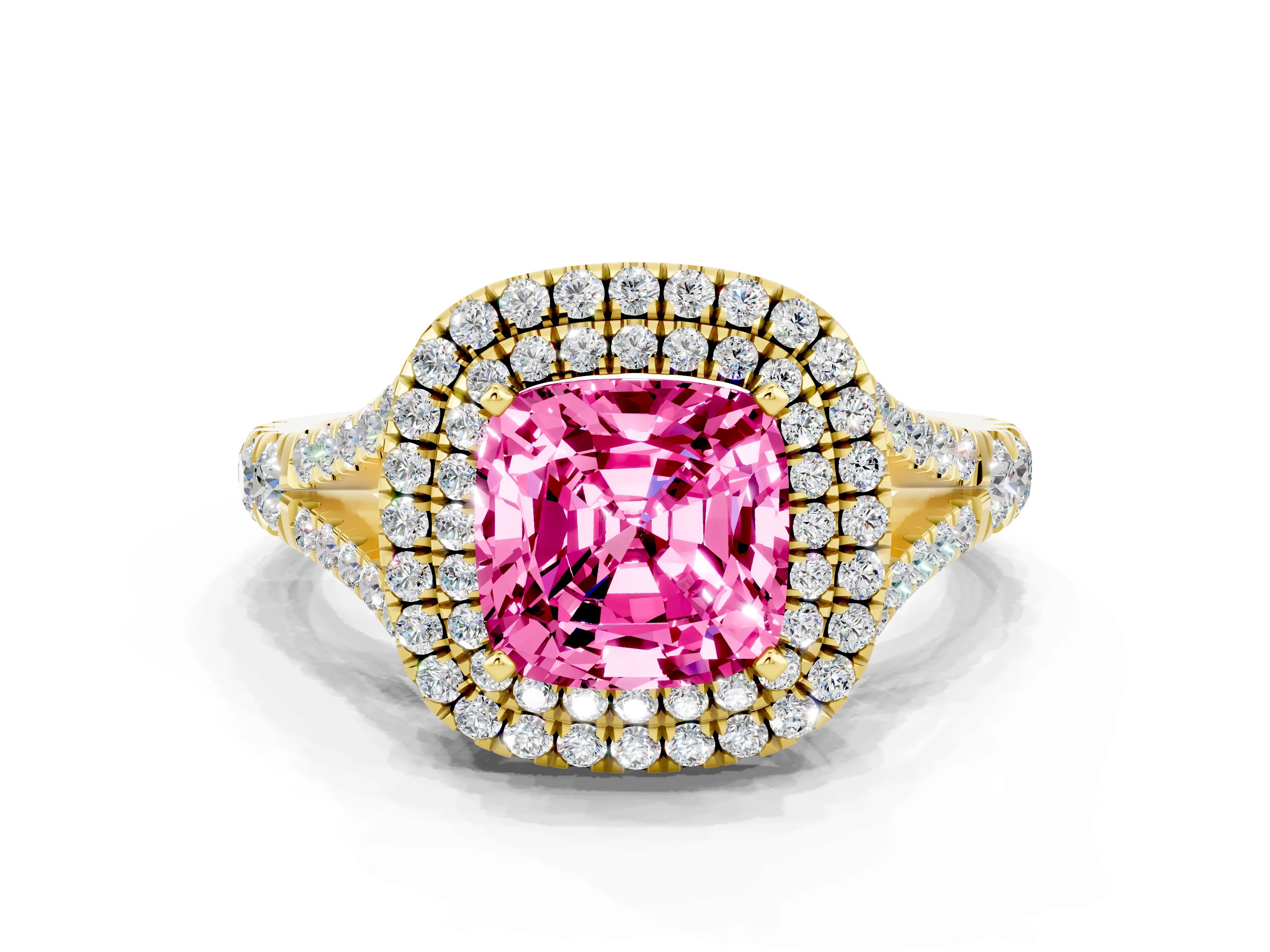 Yellow gold Cushion Cut Pink Sapphire Pavé Split Shank Double Halo Engagement Ring