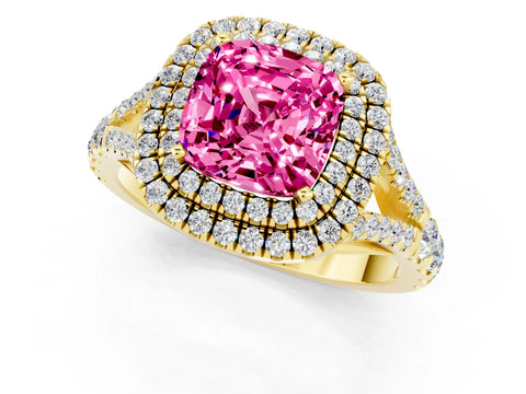 Yellow gold Cushion Cut Pink Sapphire Pavé Split Shank Double Halo Engagement Ring_1