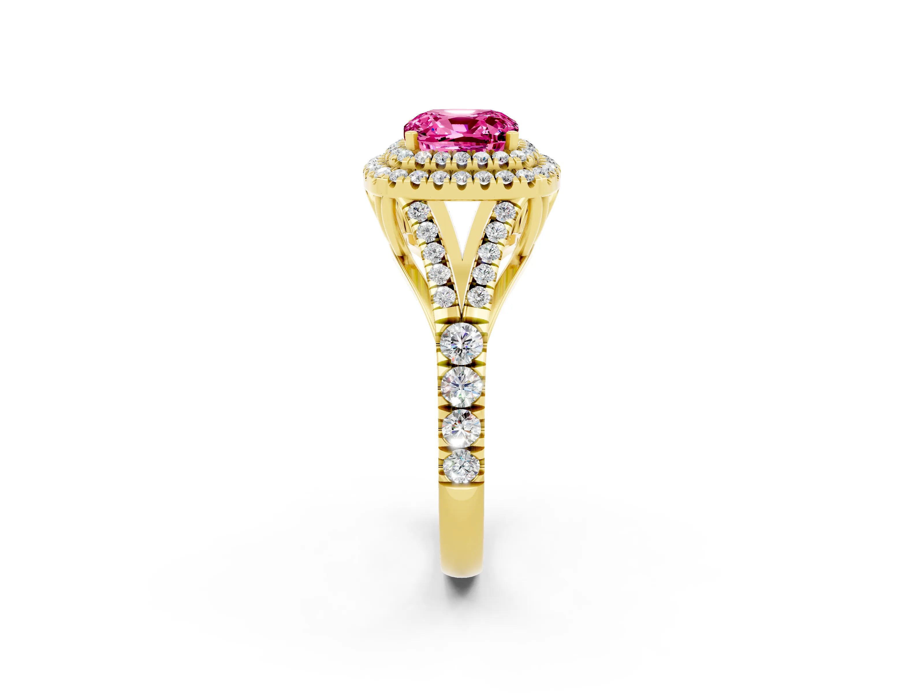Yellow gold Cushion Cut Pink Sapphire Pavé Split Shank Double Halo Engagement Ring_2