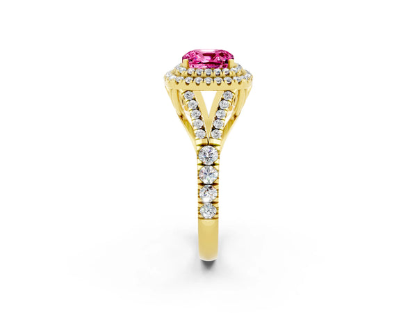 Yellow gold Cushion Cut Pink Sapphire Pavé Split Shank Double Halo Engagement Ring