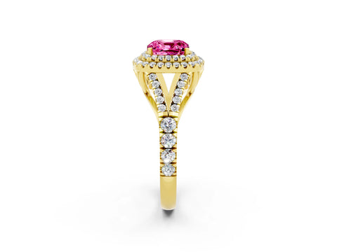 Yellow gold Cushion Cut Pink Sapphire Pavé Split Shank Double Halo Engagement Ring_2