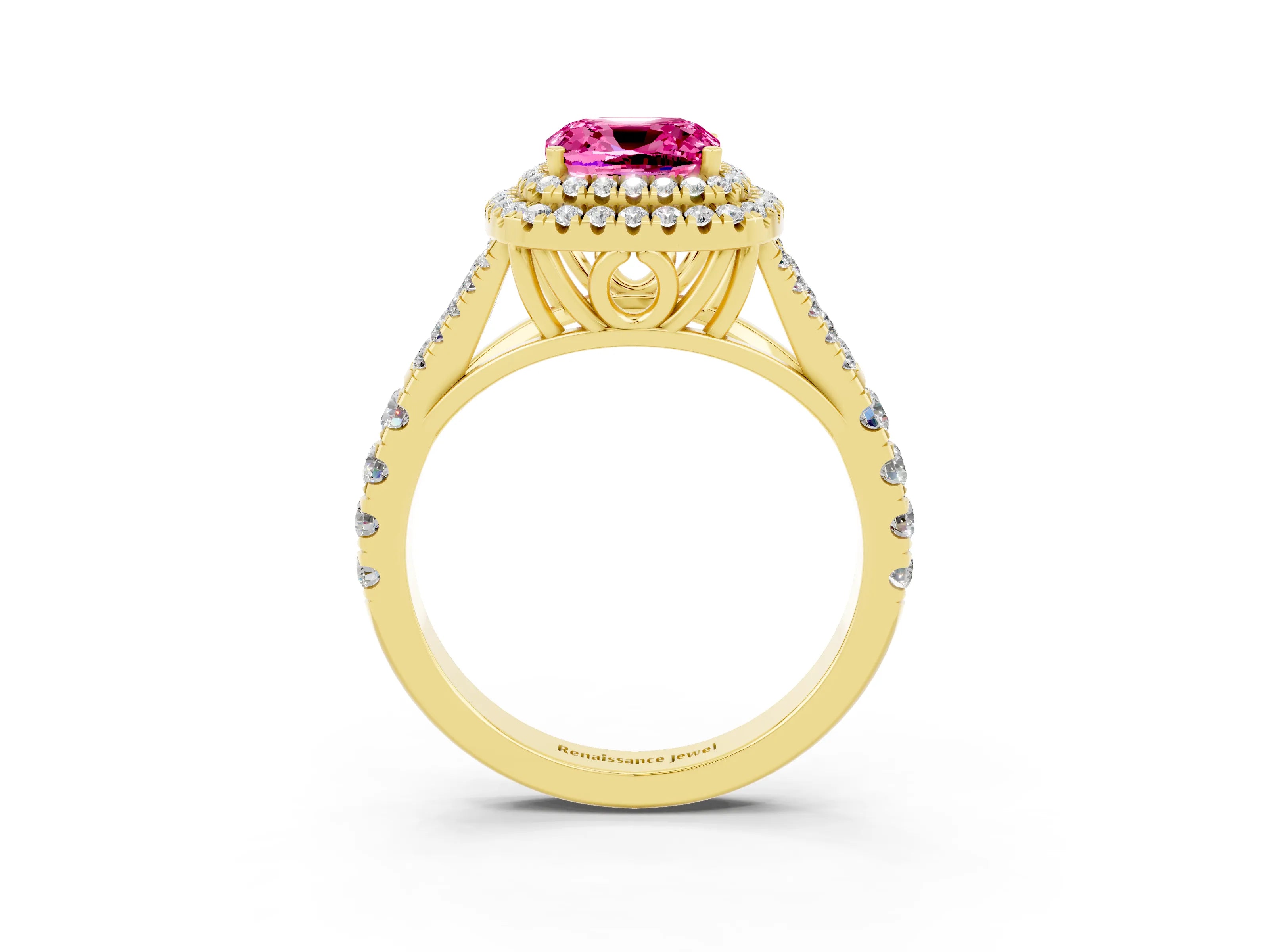 Yellow gold Cushion Cut Pink Sapphire Pavé Split Shank Double Halo Engagement Ring_3