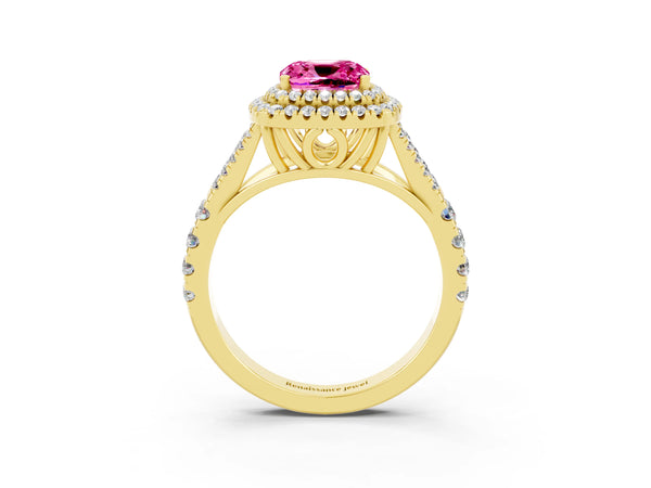 Yellow gold Cushion Cut Pink Sapphire Pavé Split Shank Double Halo Engagement Ring