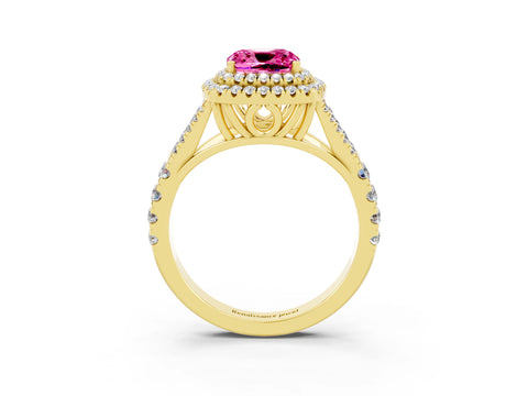 Yellow gold Cushion Cut Pink Sapphire Pavé Split Shank Double Halo Engagement Ring_3