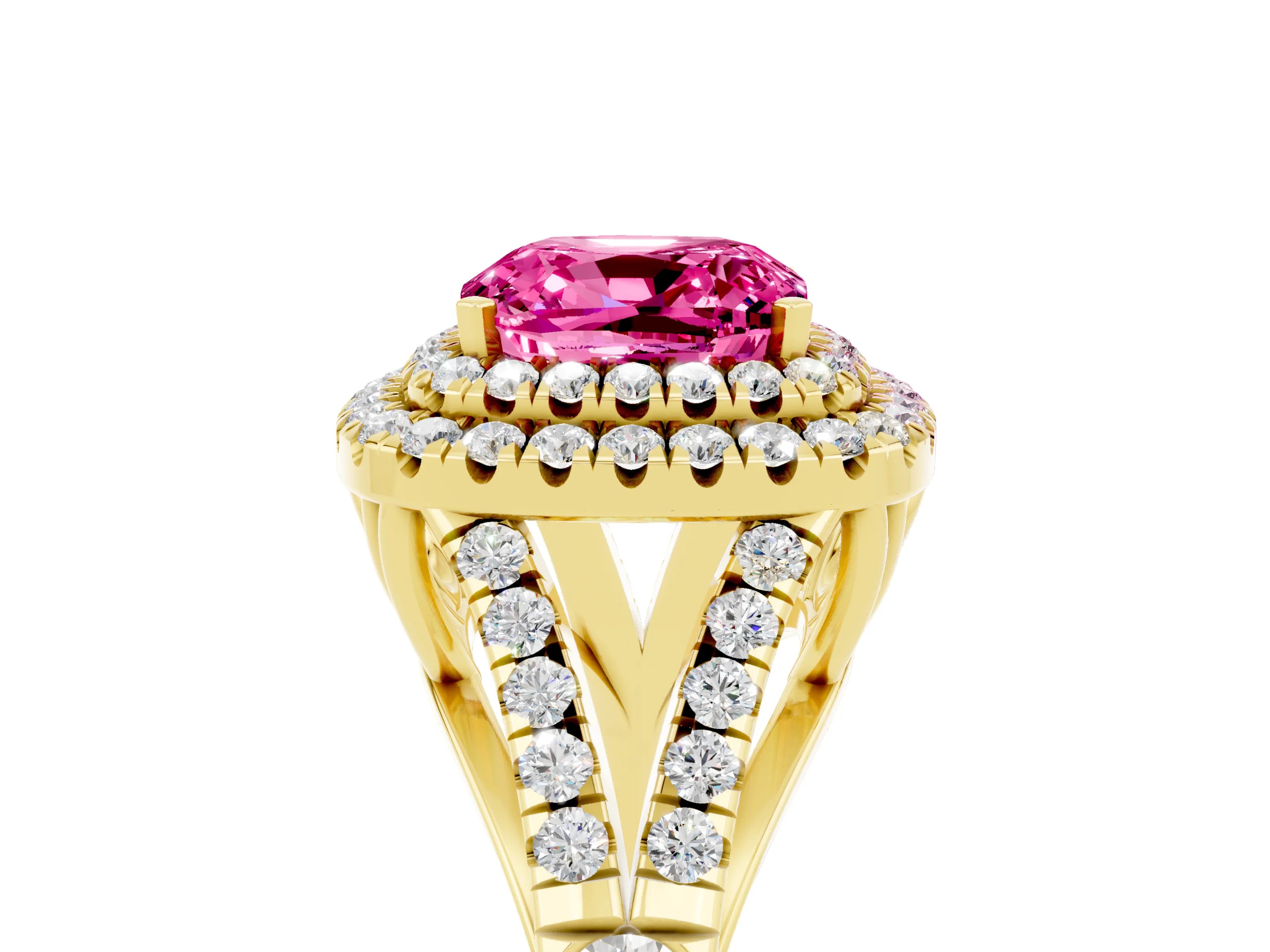Yellow gold Cushion Cut Pink Sapphire Pavé Split Shank Double Halo Engagement Ring_5