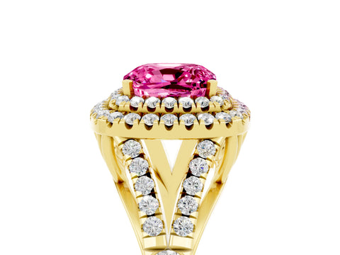Yellow gold Cushion Cut Pink Sapphire Pavé Split Shank Double Halo Engagement Ring_5
