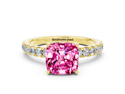 Yellow gold Cushion Cut Pink Sapphire Pave Band Solitaire Ring with Four-Prong Setting_12