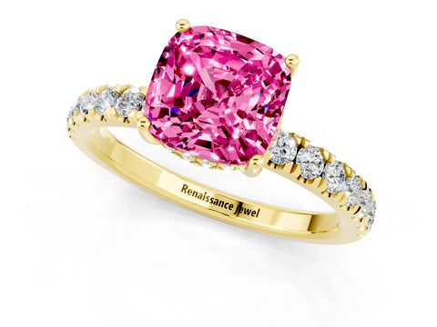 Yellow gold Cushion Cut Pink Sapphire Pave Band Solitaire Ring with Four-Prong Setting_13