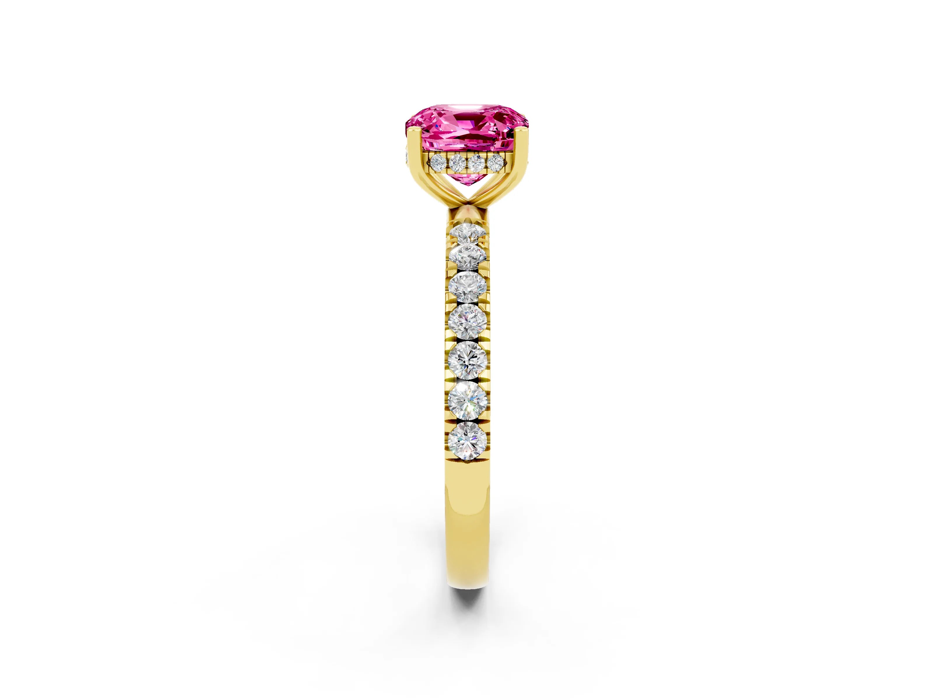Yellow gold Cushion Cut Pink Sapphire Pave Band Solitaire Ring with Four-Prong Setting_14