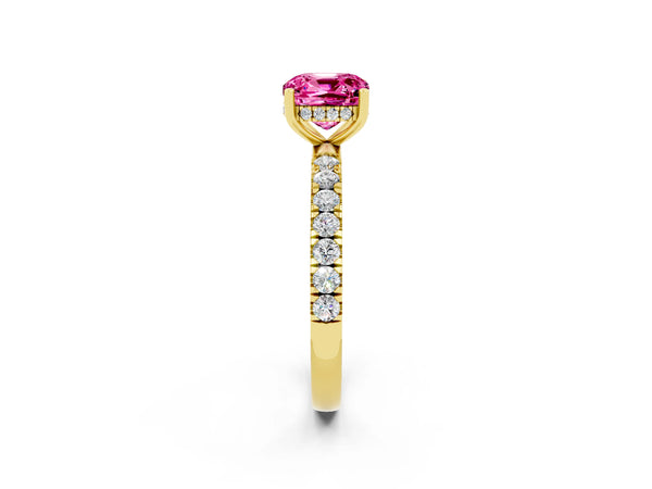 Yellow gold Cushion Cut Pink Sapphire Pave Band Solitaire Ring with Round  and Prong Setting