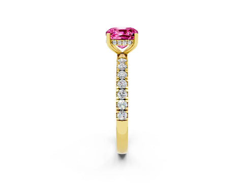 Yellow gold Cushion Cut Pink Sapphire Pave Band Solitaire Ring with Four-Prong Setting_14