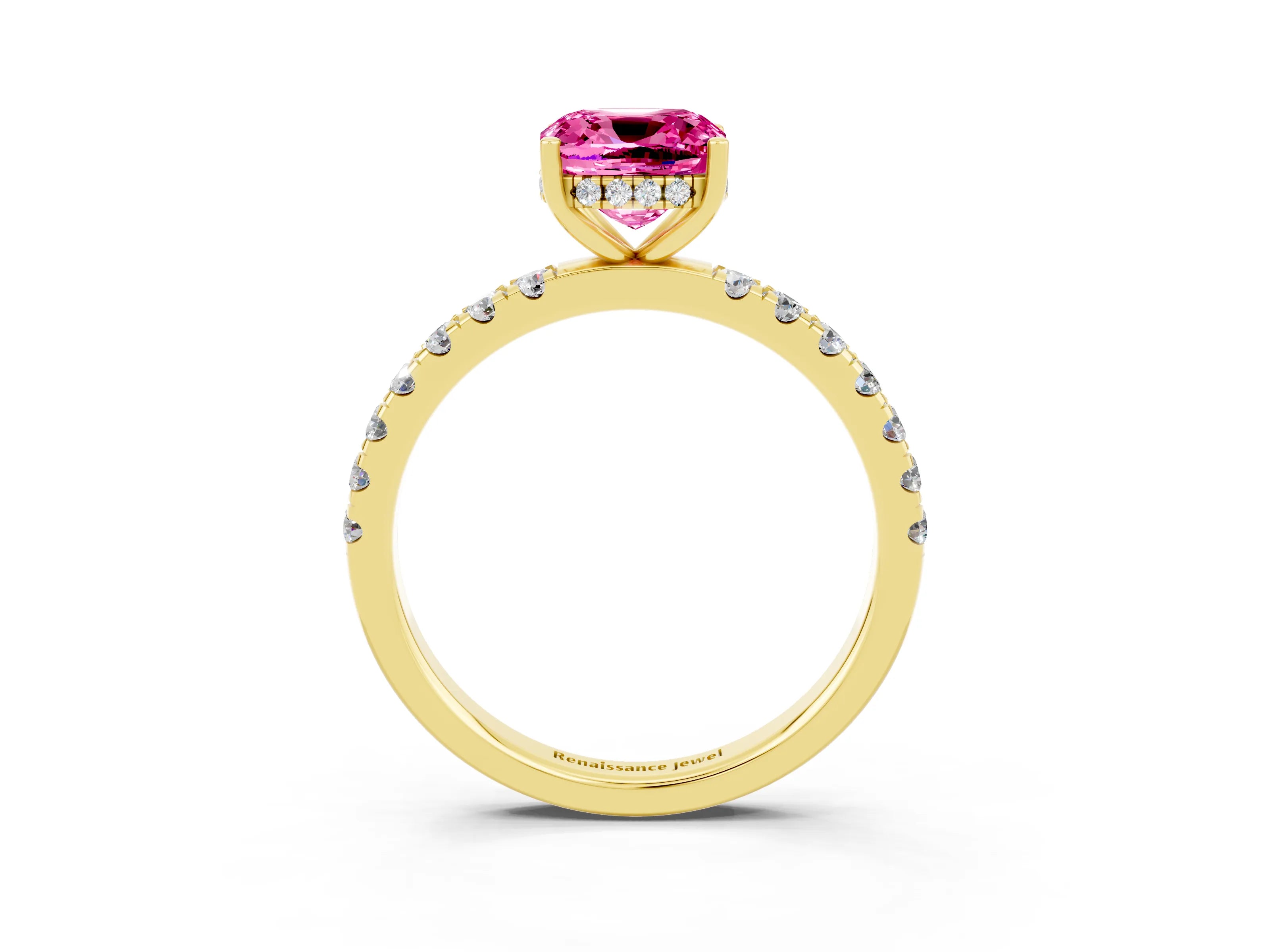 Yellow gold Cushion Cut Pink Sapphire Pave Band Solitaire Ring with Four-Prong Setting_15