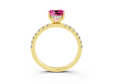Yellow gold Cushion Cut Pink Sapphire Pave Band Solitaire Ring with Four-Prong Setting_15