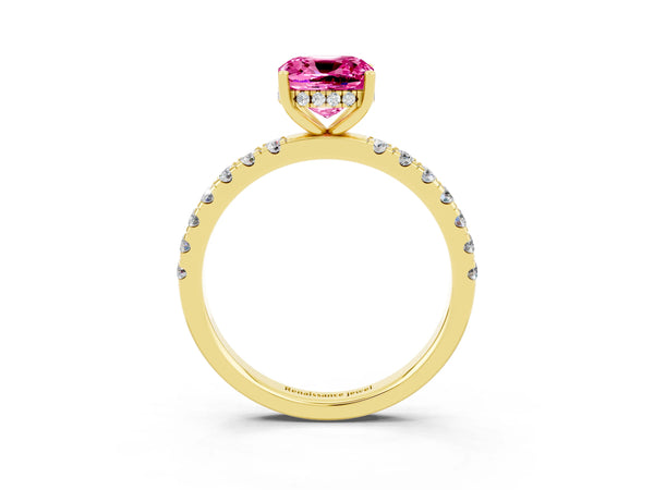 Yellow gold Cushion Cut Pink Sapphire Pave Band Solitaire Ring with Round  and Prong Setting
