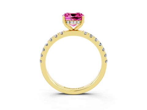Yellow gold Cushion Cut Pink Sapphire Pave Band Solitaire Ring with Four-Prong Setting_15