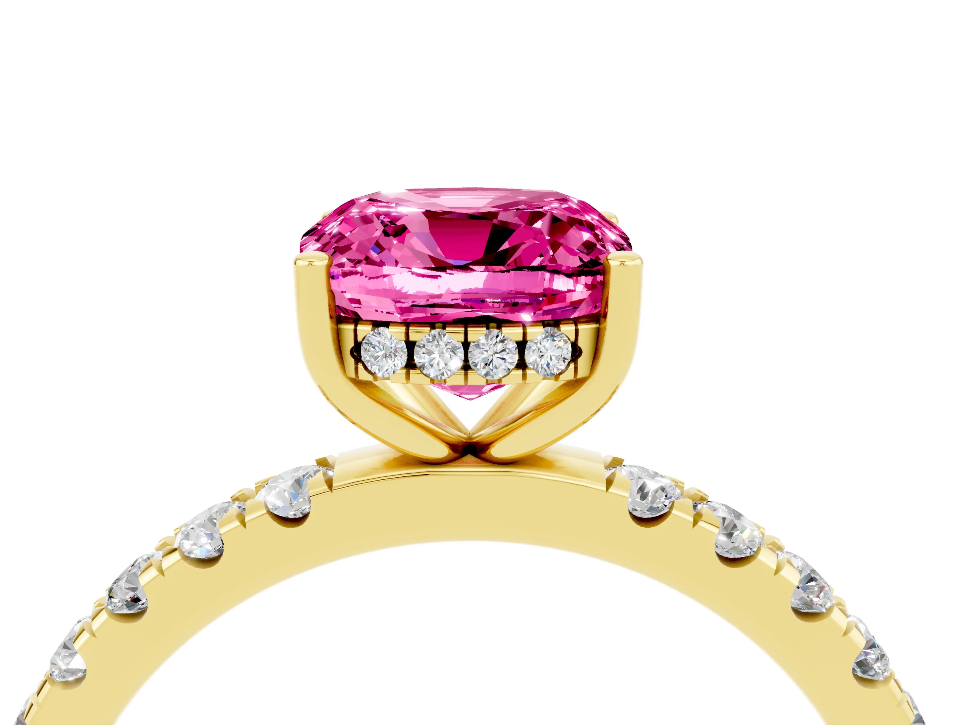 Yellow gold Cushion Cut Pink Sapphire Pave Band Solitaire Ring with Four-Prong Setting_16