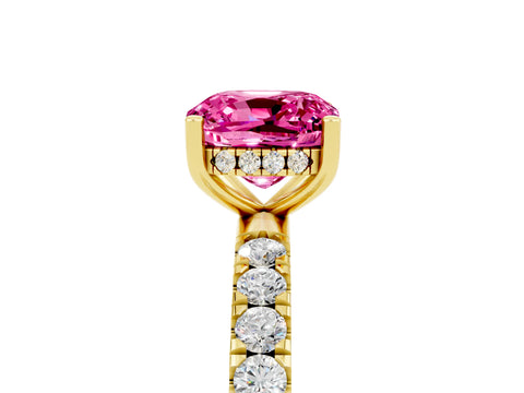 Yellow gold Cushion Cut Pink Sapphire Pave Band Solitaire Ring with Four-Prong Setting_17