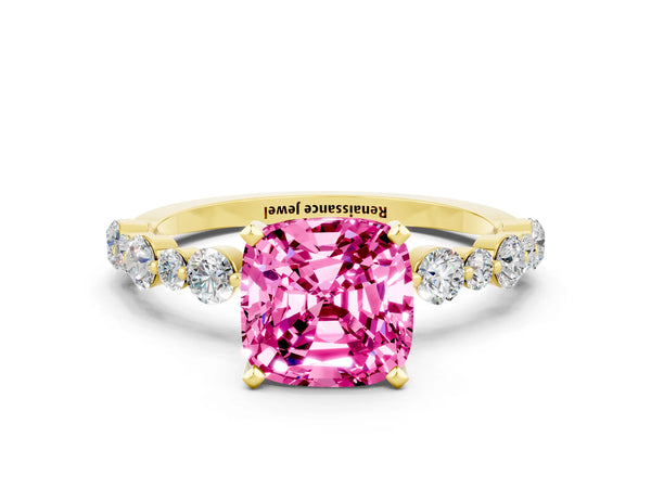 Yellow gold Cushion Cut Pink Sapphire Prong Set Engagement Ring with Pavé Band