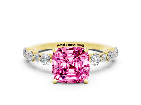 Yellow gold Cushion Cut Pink Sapphire Prong Set Engagement Ring with Pavé Band_12
