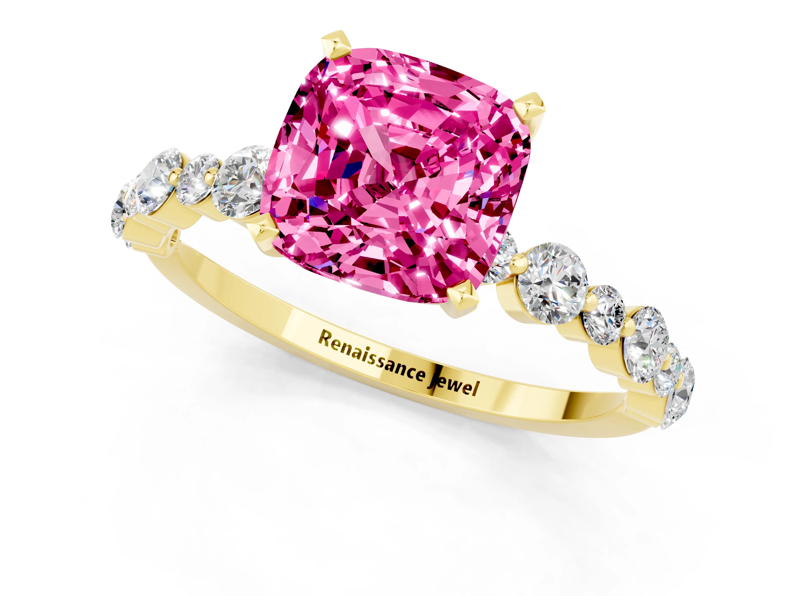 Yellow gold Cushion Cut Pink Sapphire Prong Set Engagement Ring with Pavé Band_13