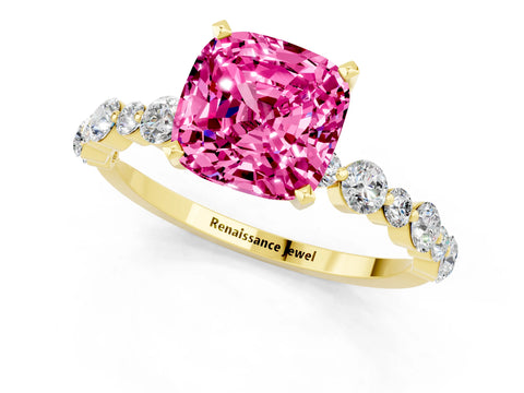 Yellow gold Cushion Cut Pink Sapphire Prong Set Engagement Ring with Pavé Band_13
