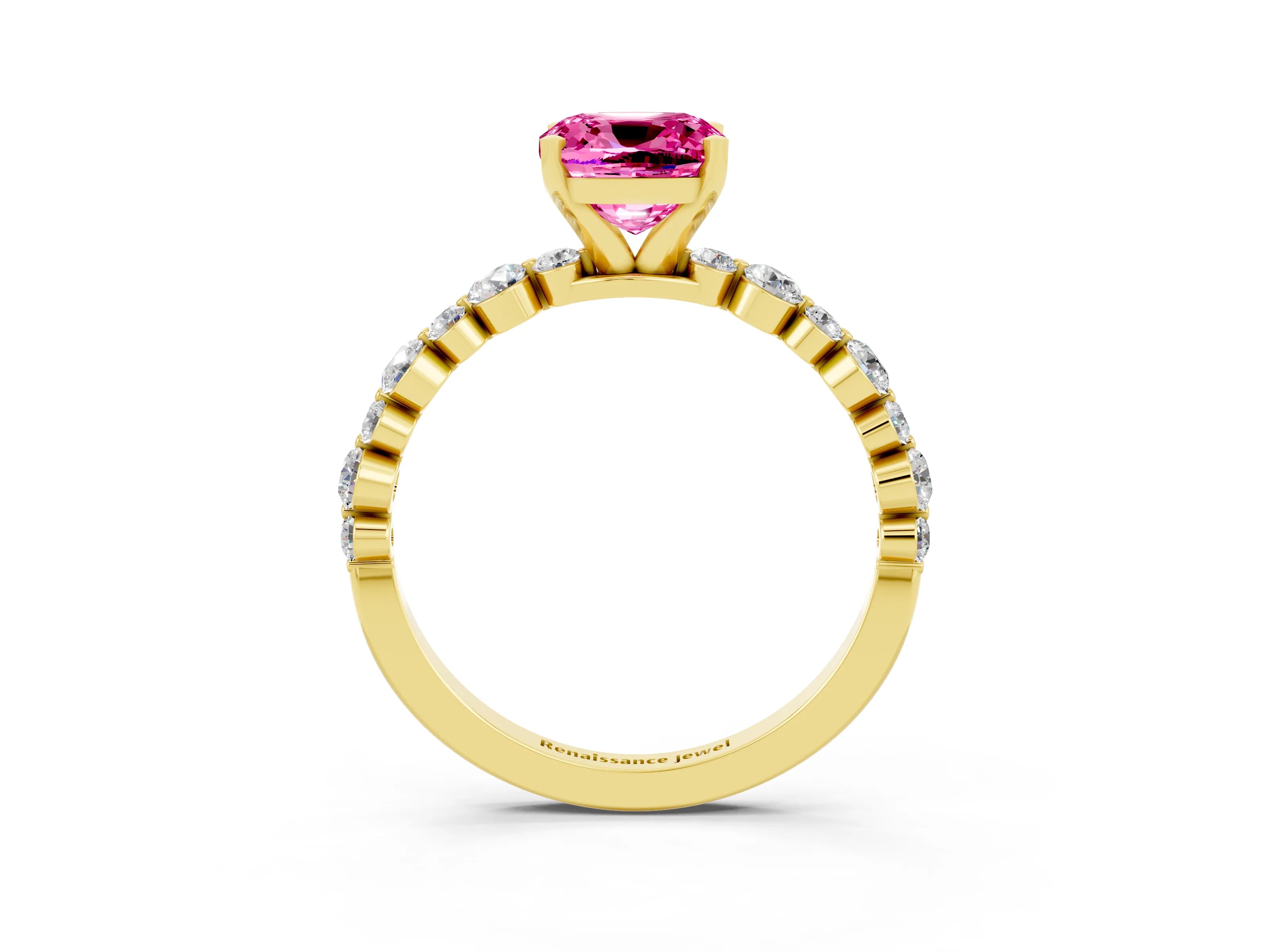 Yellow gold Cushion Cut Pink Sapphire Prong Set Engagement Ring with Pavé Band_15