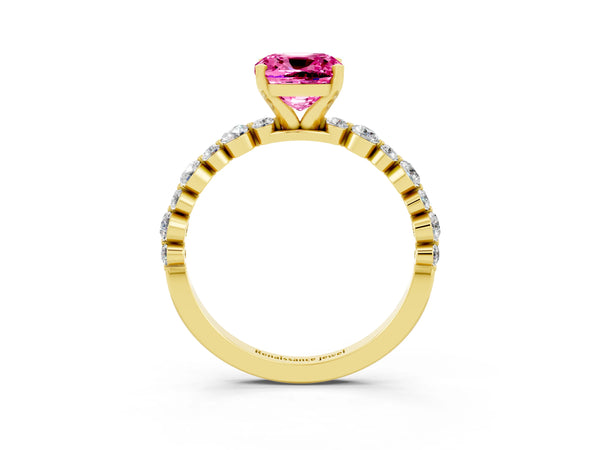 Yellow gold Cushion Cut Pink Sapphire Prong Set Engagement Ring with Pavé Band