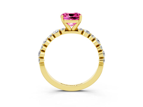 Yellow gold Cushion Cut Pink Sapphire Prong Set Engagement Ring with Pavé Band_15