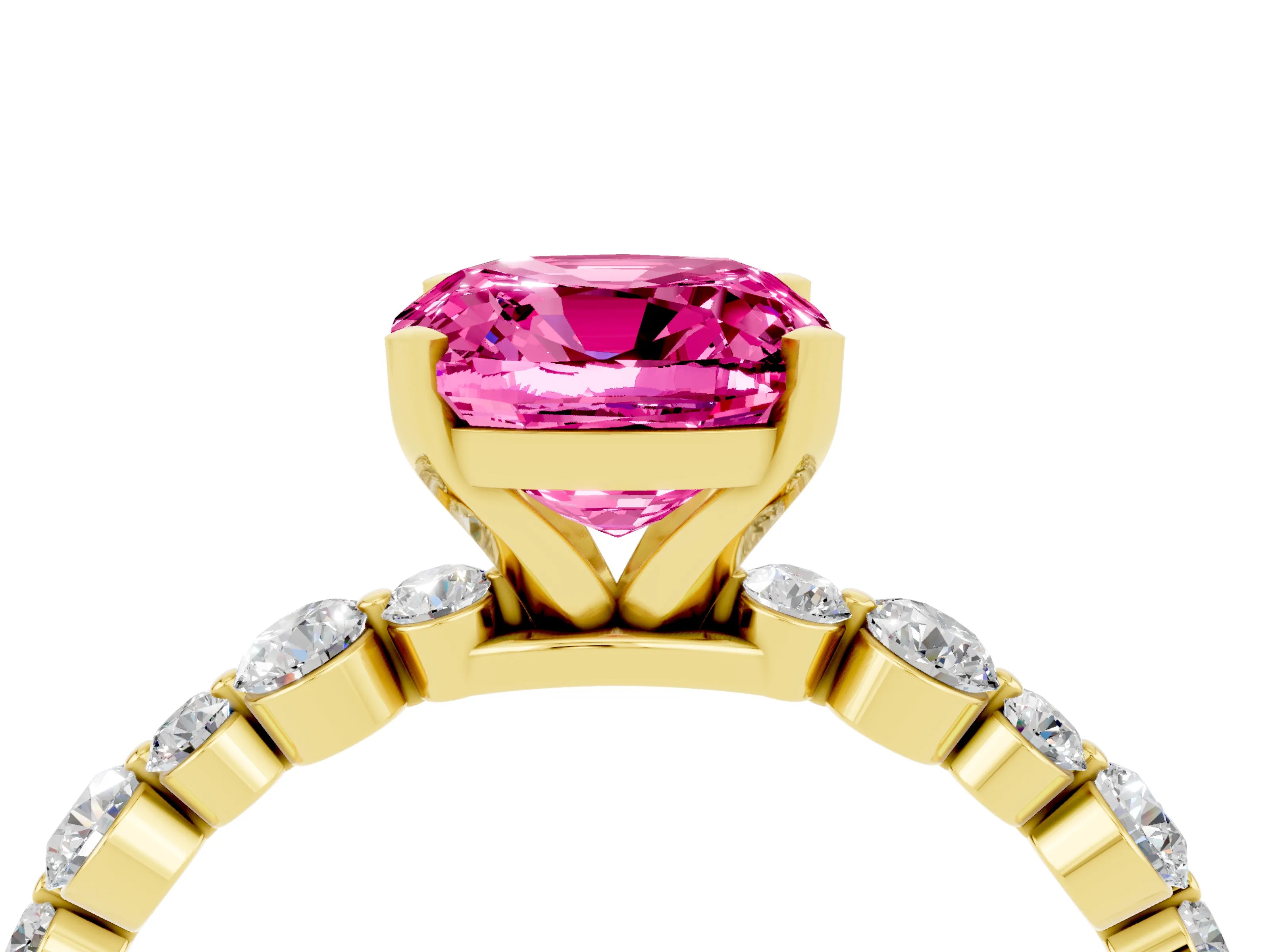 Yellow gold Cushion Cut Pink Sapphire Prong Set Engagement Ring with Pavé Band_16