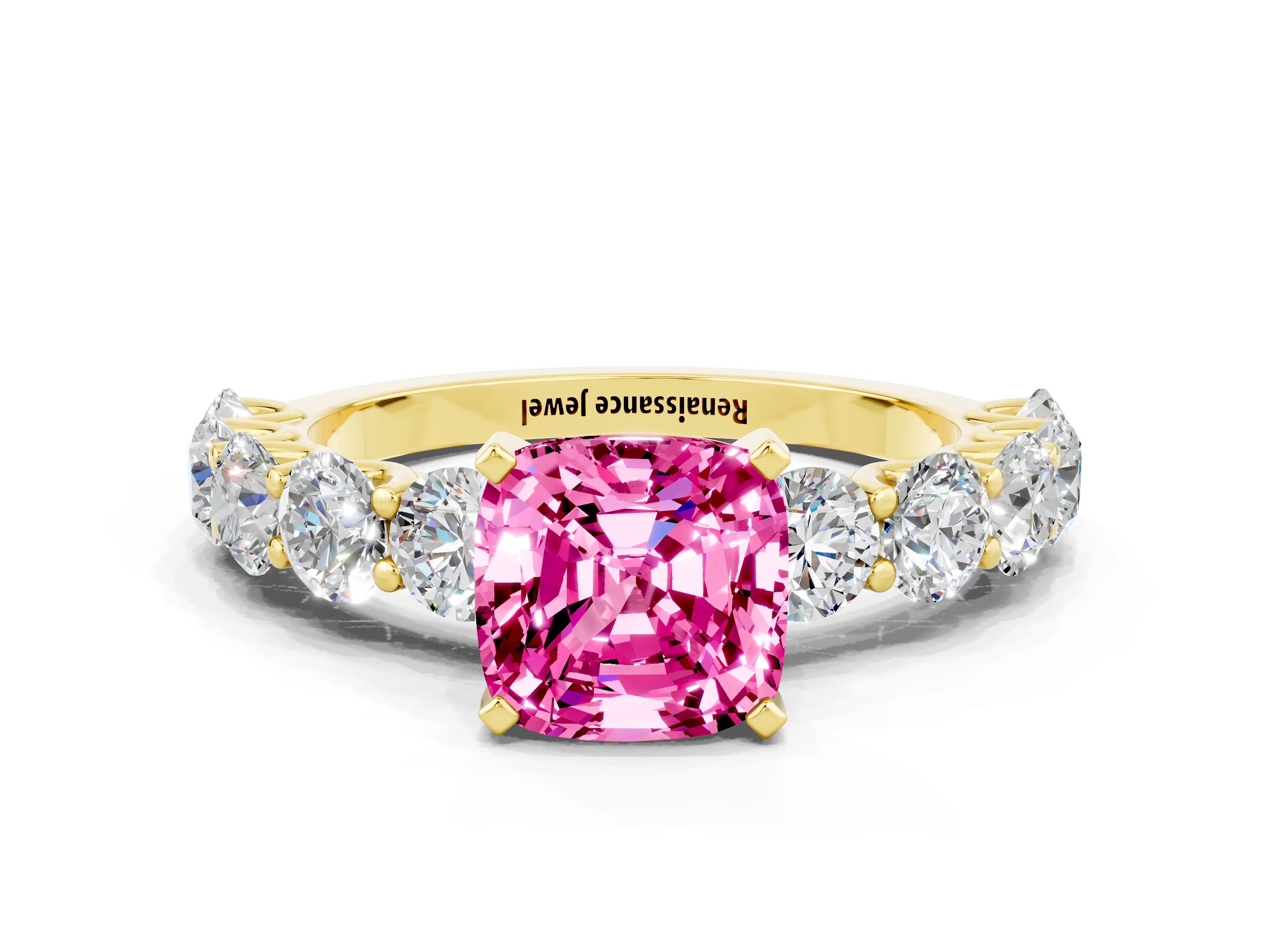 Yellow gold Cushion Cut Pink Sapphire Prong Setting with Side Stones on a Pave Band_24