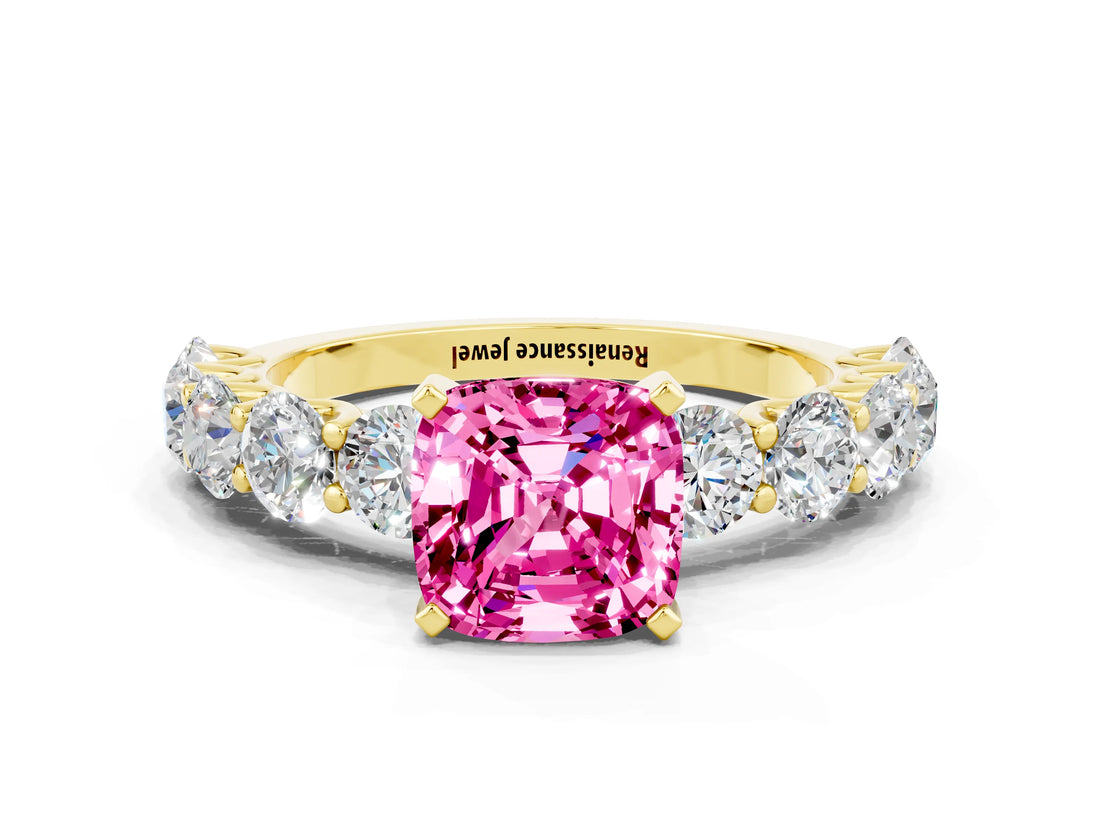 Yellow gold Cushion Cut Pink Sapphire Prong Setting with Side Stones on a Pave Band_24