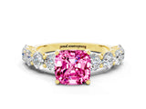 Yellow gold Cushion Cut Pink Sapphire Prong Setting with Side Stones on a Pave Band_24