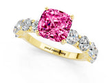 Yellow gold Cushion Cut Pink Sapphire Prong Setting with Side Stones on a Pave Band_25