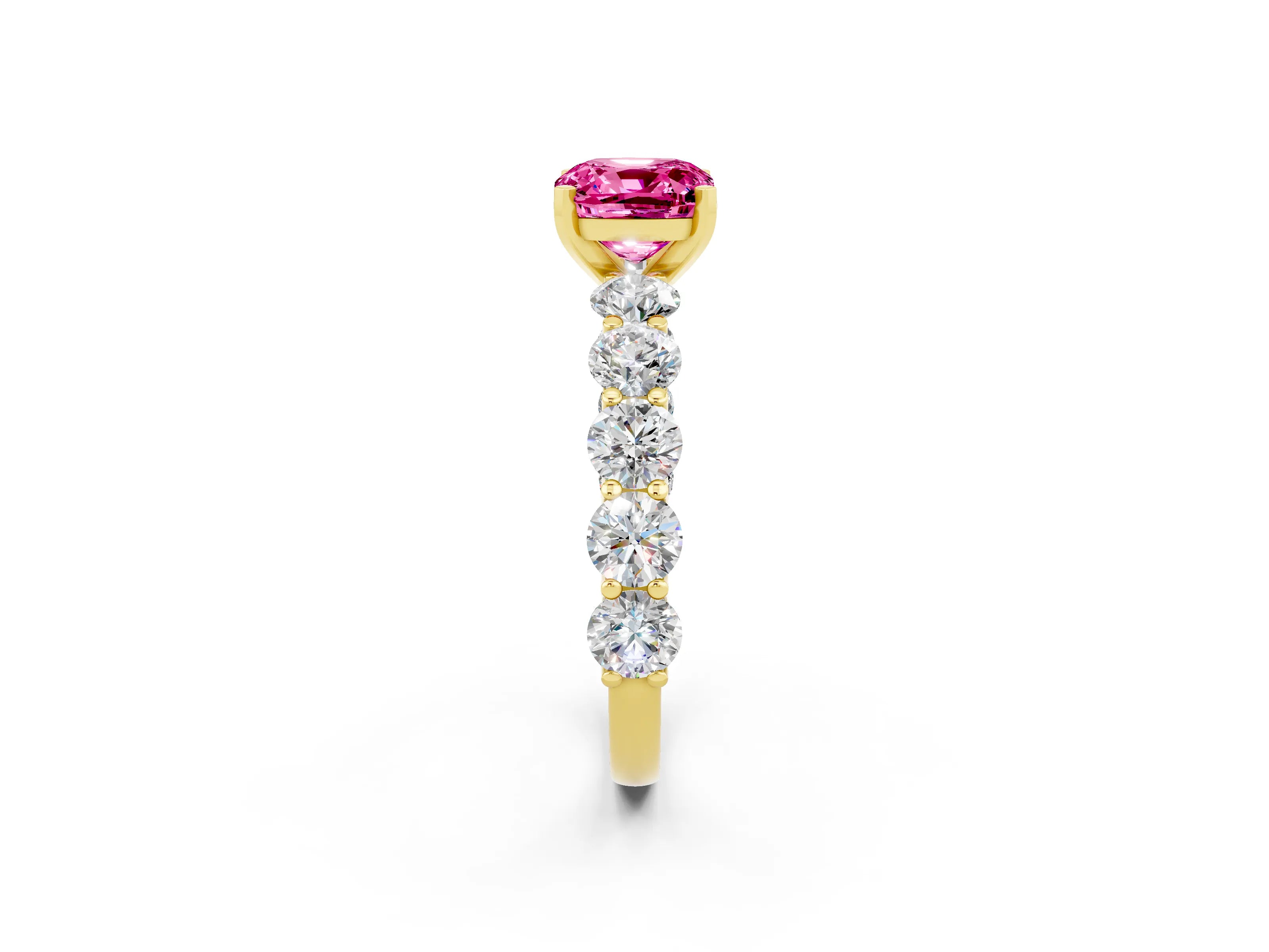 Yellow gold Cushion Cut Pink Sapphire Prong Setting with Side Stones on a Pave Band_26