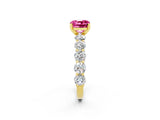 Yellow gold Cushion Cut Pink Sapphire Prong Setting with Side Stones on a Pave Band_26