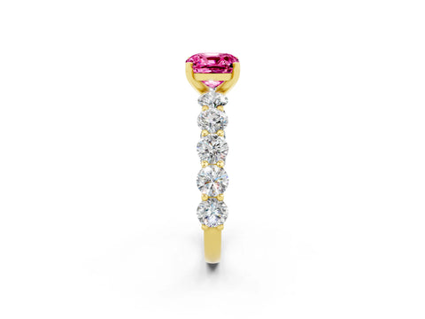 Yellow gold Cushion Cut Pink Sapphire Prong Setting with Side Stones on a Pave Band_26