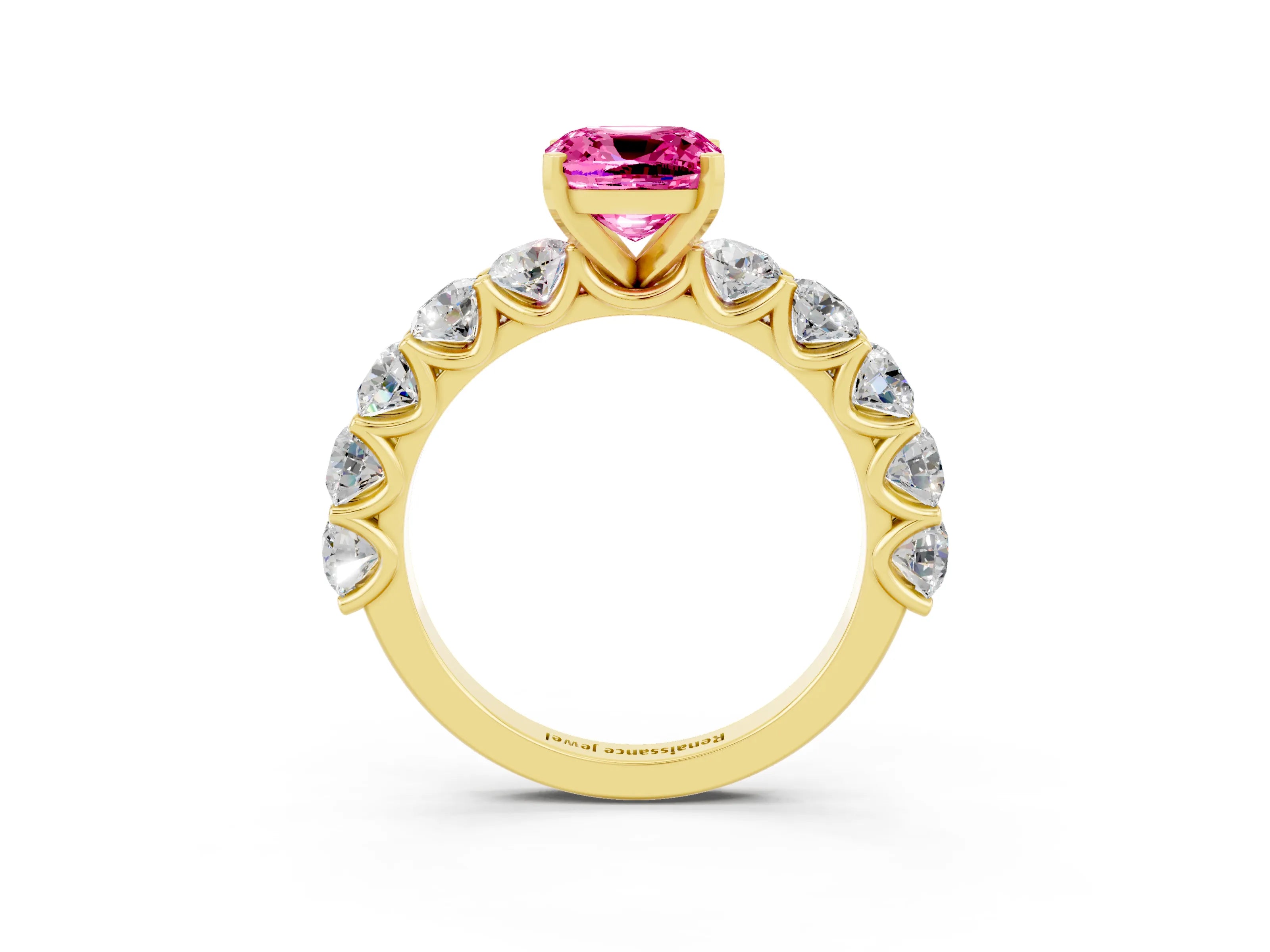 Yellow gold Cushion Cut Pink Sapphire Prong Setting with Side Stones on a Pave Band_27
