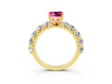 Yellow gold Cushion Cut Pink Sapphire Prong Setting with Side Stones on a Pave Band_27