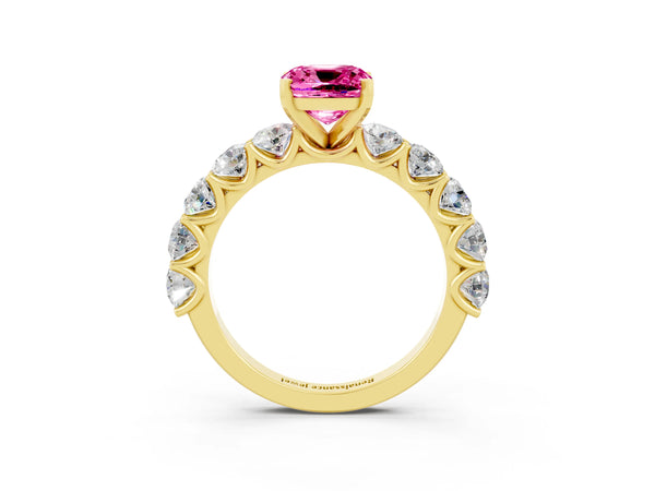 Yellow gold Cushion Cut Pink Sapphire Prong Setting with Side Stones on a Pave Band