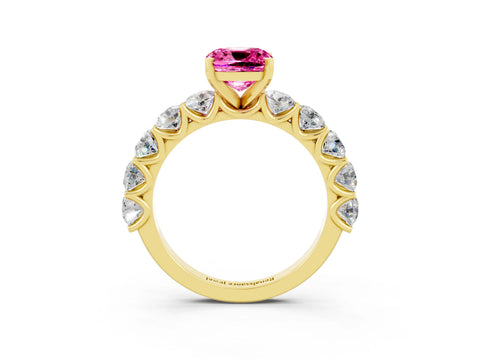 Yellow gold Cushion Cut Pink Sapphire Prong Setting with Side Stones on a Pave Band_27