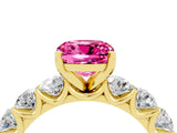 Yellow gold Cushion Cut Pink Sapphire Prong Setting with Side Stones on a Pave Band_28