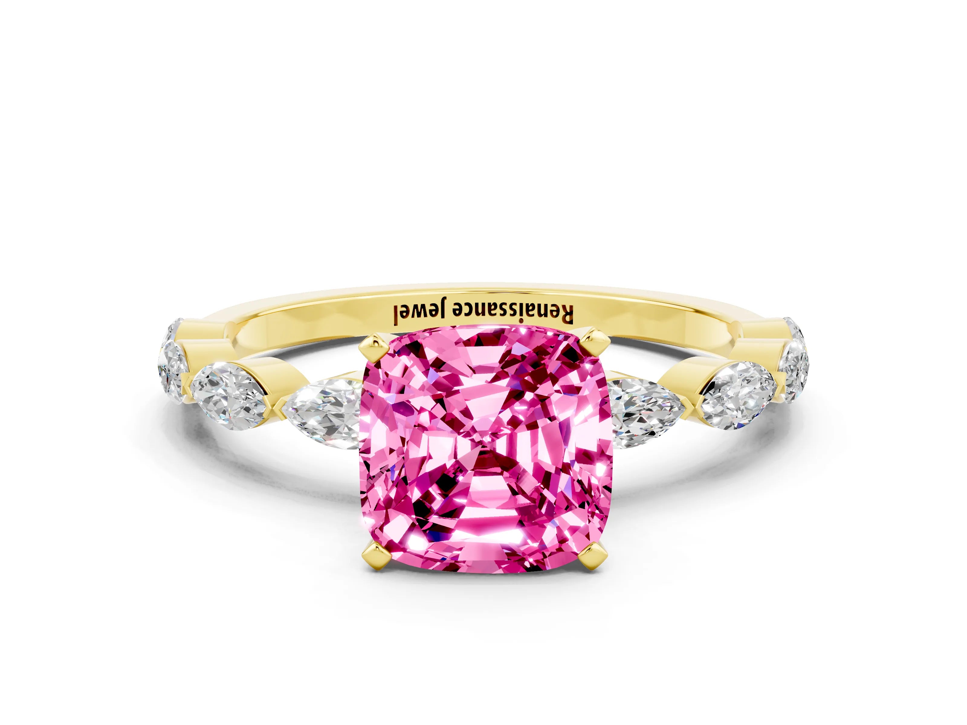 Yellow gold Cushion Cut Pink Sapphire Ring with Marquise Side Stones and Prong Setting_12