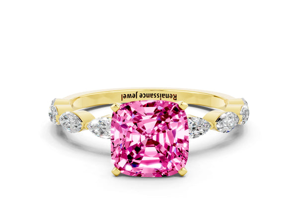 Yellow gold Cushion Cut Pink Sapphire Ring with Marquise Side Stones and Prong Setting