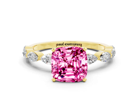 Yellow gold Cushion Cut Pink Sapphire Ring with Marquise Side Stones and Prong Setting_12